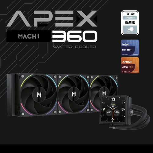 Water Cooler MACH1 APEX, ARGB, 360mm, com Tela LCD, AMD e Intel, Preto