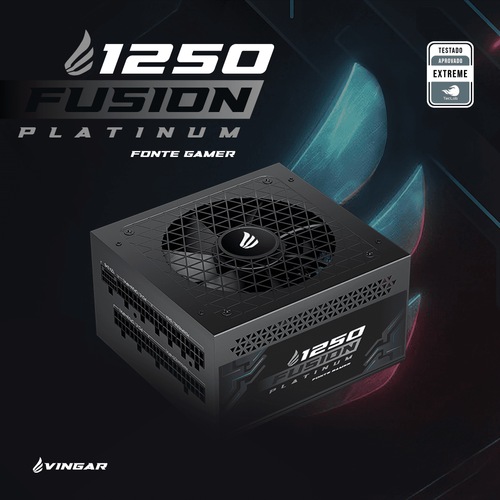 Fonte Gamer VINGAR Fusion 1250W Platinum, Teclab Extereme, Modular, PFC Ativo, Com Cabo, Preto