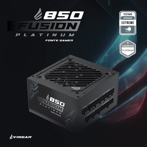 Fonte Gamer VINGAR Fusion 850W Platinum, Cybenetics Platinum, Modular, PFC Ativo, Com Cabo, Preto
