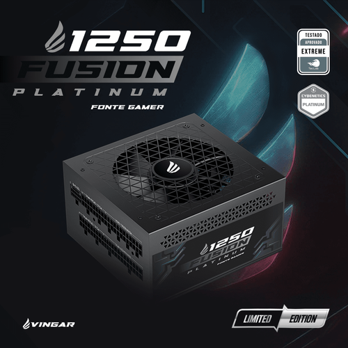 Fonte Gamer VINGAR Fusion 1250W Platinum, Cybenetics Platinum, Modular, PFC Ativo, Com Cabo, Preto