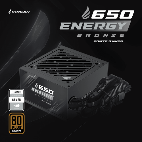 Fonte VINGAR Energy 650W Bronze, 650W, 80 Plus Bronze, Com Cabo, Preto – BR