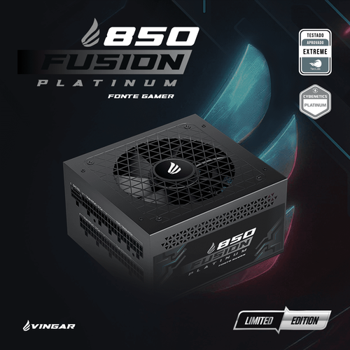 Fonte Gamer VINGAR Fusion 850W Platinum, Cybenetics Platinum, Modular, PFC Ativo, Com Cabo, Preto